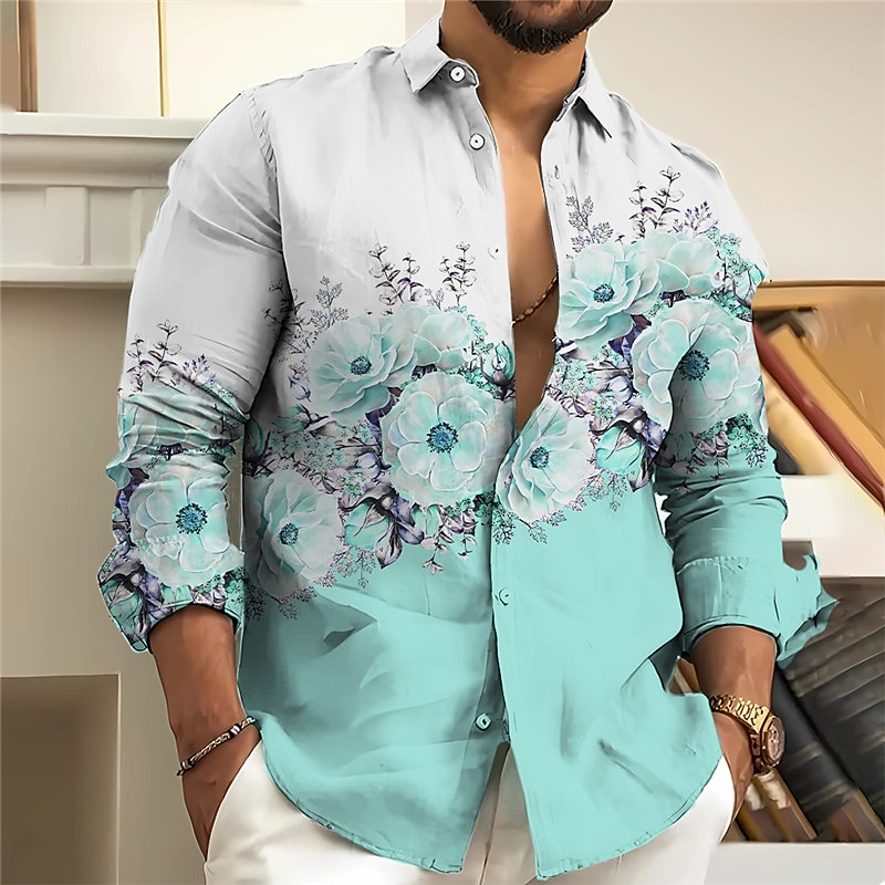 Men's Floral Shirt Button Up Shirt Long Sleeve Fashion Streetwear Designer Outdoor Casual Daily Summer Spring Fall Stand Collar Print Yellow Pink Blue Purple Gray2