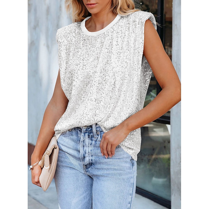 Women's Camisole Tank Top Plain Sparkly Fashion Sleeveless Round Neck Regular Tops Casual Sequins Silver Black Pink Fuchsia Gold Summer4