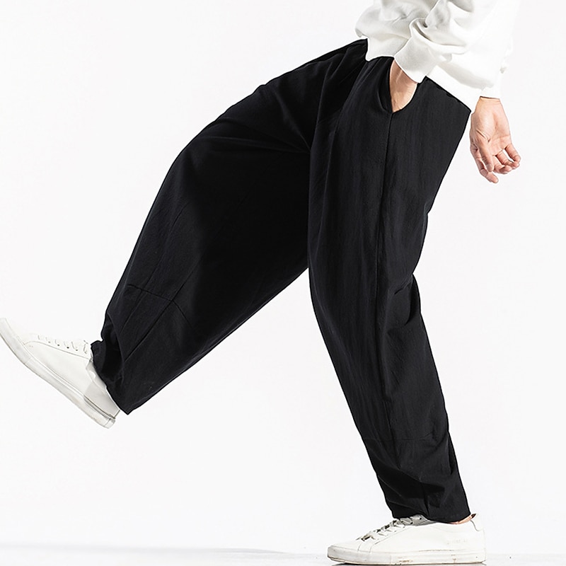 Men's Linen Pants Trousers Summer Pants Pocket Drawstring Elastic Waist Plain Comfort Breathable Outdoor Daily Going out Fashion Casual Black Red3