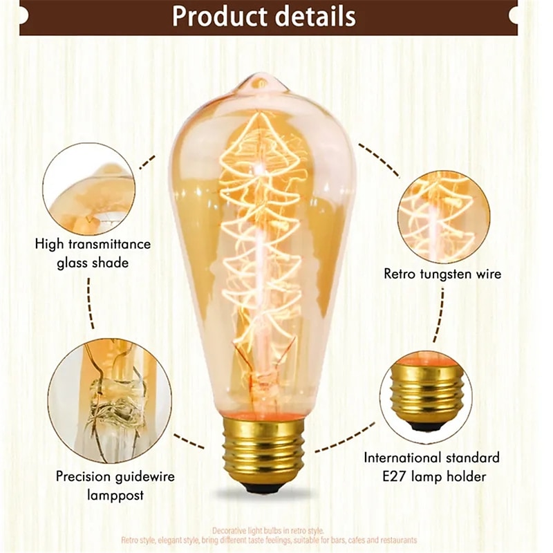 Retro Edison Bulb E27 220V 40W Light Bulb ST64 Filament Vintage Ampoule Incandescent Spiral Lamp3