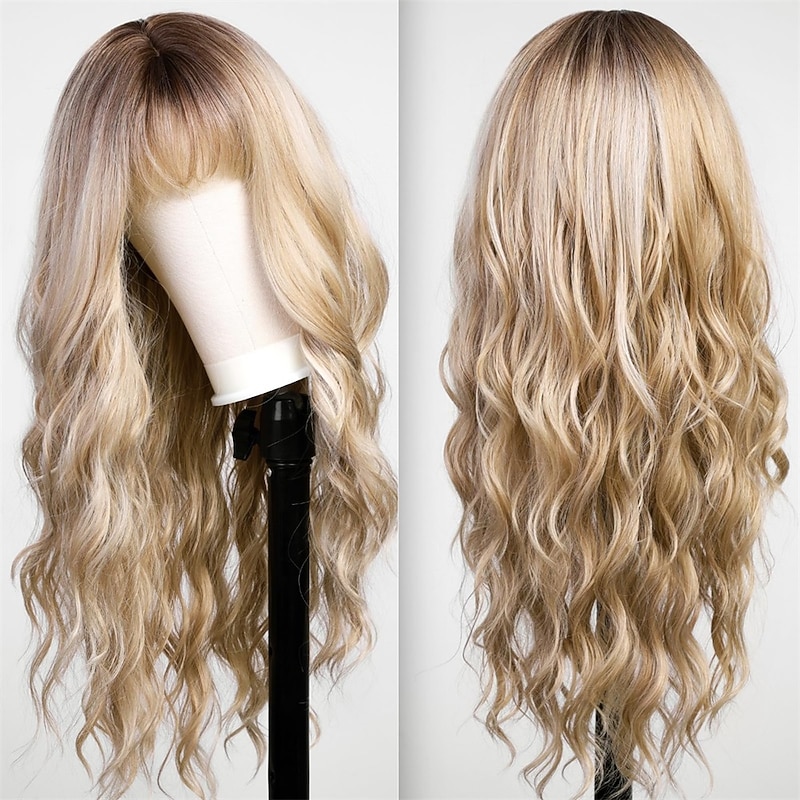 Ombre Dirty Blonde Wigs with BangsAsh Blonde Long Wavy Wig for WomenLong Curly Synthetic Hair Wig for Party Daily Use 24IN3