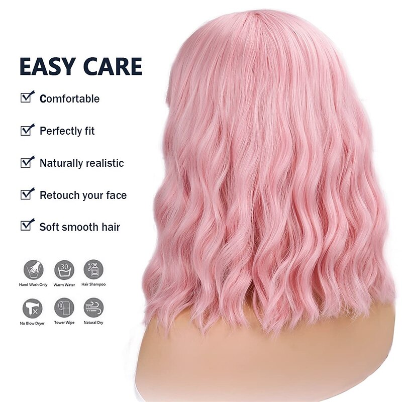 Pink Wig with Bangs Short Wavy Pink Wigs for Women Bob Wig 14 Inch Shoulder Length Middle Part Pastel Wig Curly Synthetic Colored Wigs for Girls Daily Cosplay Party Use4