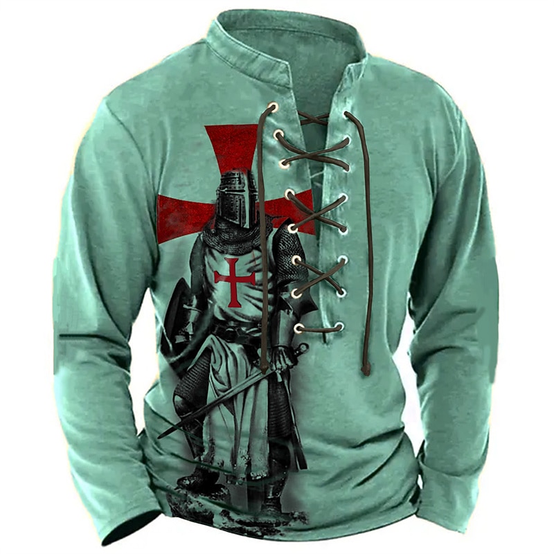 Men's Knights Templar Graphic Prints Graphic Tee Vintage Shirt Long Sleeve T shirt Shirt Fashion Designer Casual Outdoor Vacation Daily Wear Blue Brown Green Spring &  Fall Clothing Apparel S M L XL3