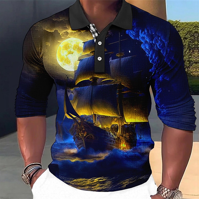 Men's Haunted Pirate Ship Polo Shirts Golf Shirt Long Sleeve Polo Shirts Collared Shirts Vintage Casual Vacation Wear Boat Wear Party Outfits 3D Print Buttons Red Royal Blue Blue4