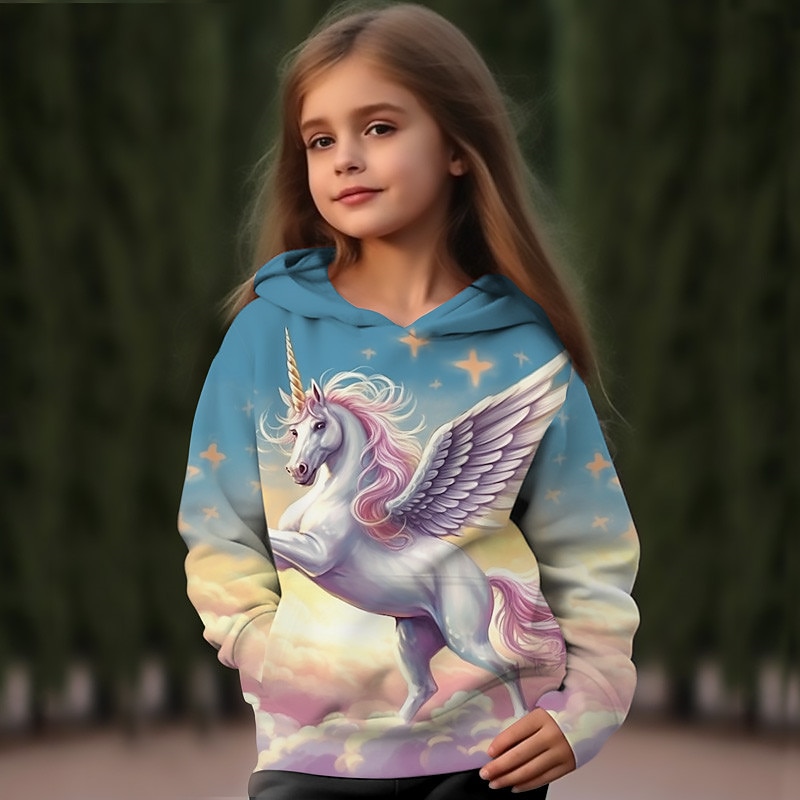 Girls' 3D Cartoon Unicorn Hoodie Pullover Long Sleeve 3D Print Fall Winter Active Fashion Cute Kids 3-12 Years Outdoor Casual Daily Regular Fit2