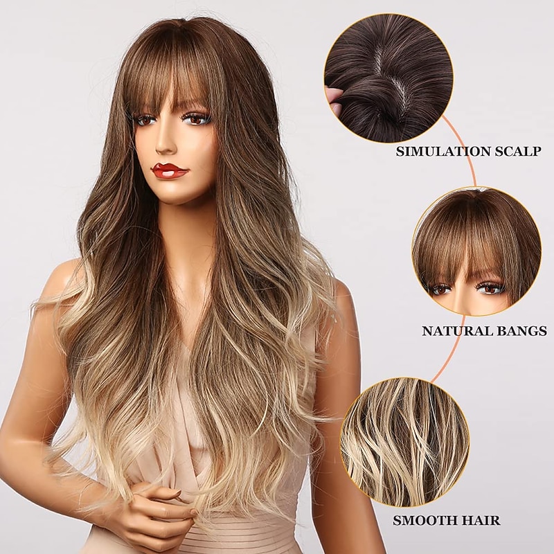 Brown ombre Blonde Wigs 24 Long Synthetic Wig with High Density Natural Headline Heat Permanent Hair Wigs for Women2