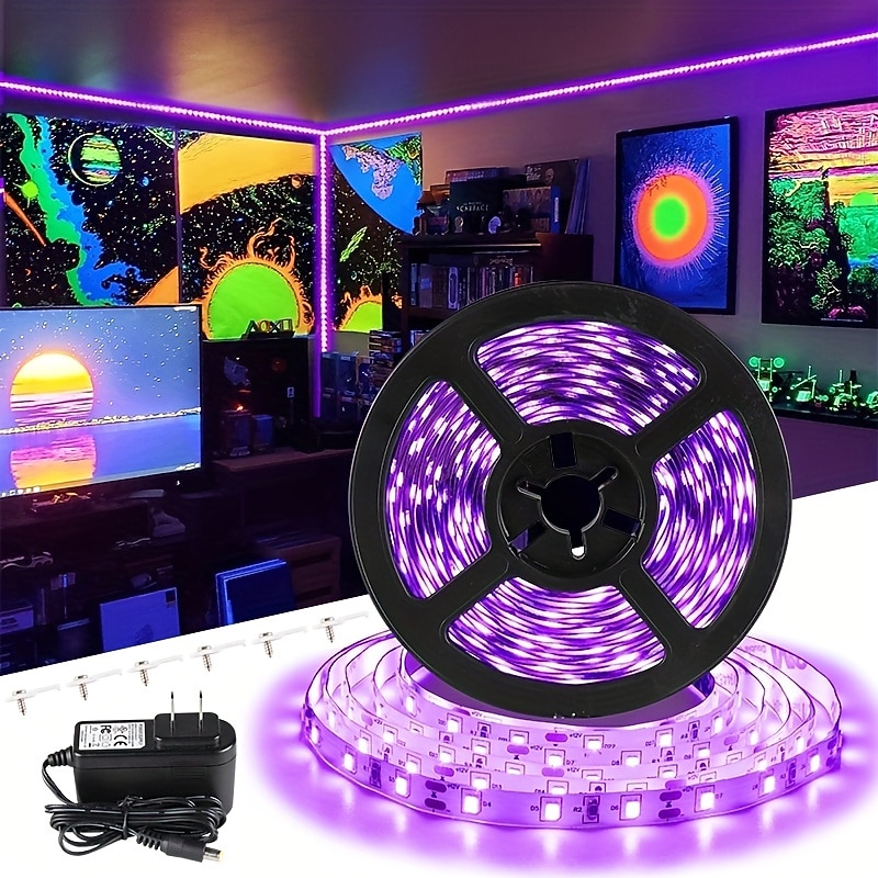 UV Purple LED Light Strip Kit - 5-10M Flexible 12V Warm White Tape Light Black Light for Party, Bar & Decoration