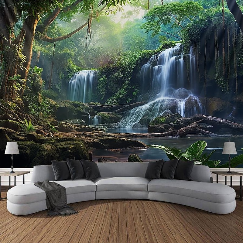 Forest Waterfall Hanging Tapestry Wall Art Large Tapestry Mural Decor Photograph Backdrop Blanket Curtain Home Bedroom Living Room Decoration2
