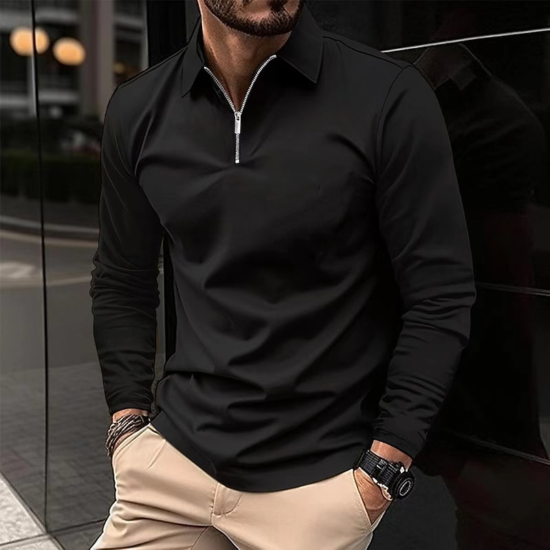 Men's Zip Polo Polo Shirt Outdoor Casual Lapel Quarter Zip Long Sleeve Fashion Basic Solid / Plain Color Quarter Zip Spring &  Fall Regular Fit Black White Wine Dark Navy Gray Zip Polo