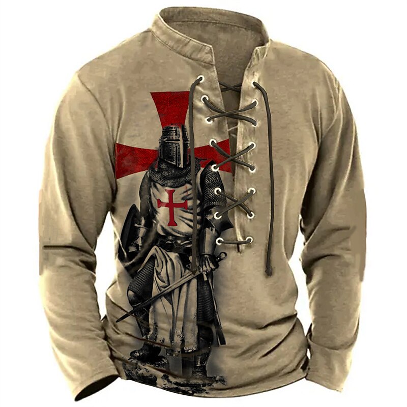 Men's Knights Templar Graphic Prints Graphic Tee Vintage Shirt Long Sleeve T shirt Shirt Fashion Designer Casual Outdoor Vacation Daily Wear Blue Brown Green Spring &  Fall Clothing Apparel S M L XL