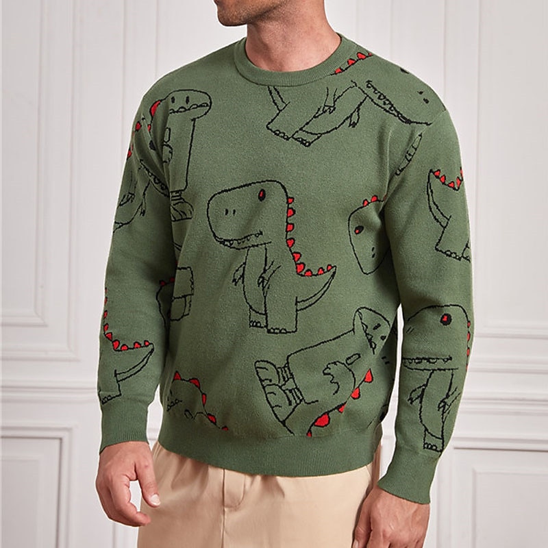 Men's Cartoon Dinosaur Pullover Sweater Jumper Knitwear Crew Neck Fashion Streetwear Designer Vacation Daily Wear Going out Knitted Long Sleeve Fall & Winter Army Green4