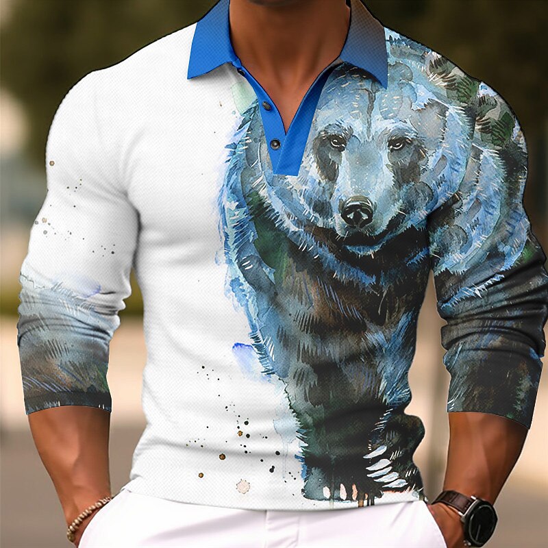Men's Bear Polo Shirts Golf Shirt Long Sleeve Polo Shirts Collared Shirts Casual Funny Streetwear Vacation Wear Party Outfits 3D Print Buttons Blue-Green Yellow Blue2
