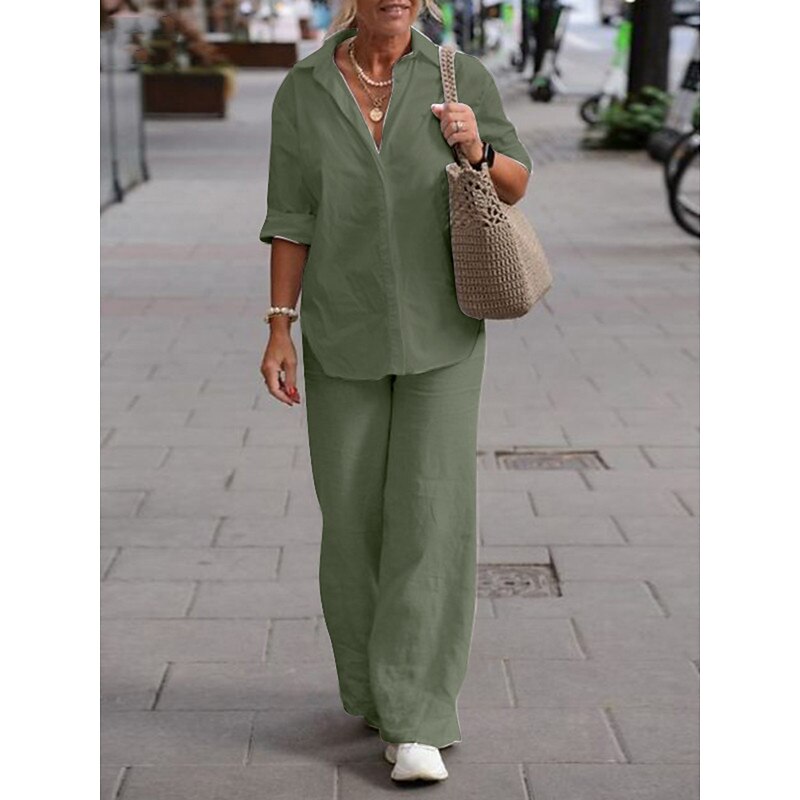 Women's Simple Casual Comfort Shirt Cotton Linen Sets Two Piece Sets Long Sleeve Long Pant Lapel Pure Color Buttons Home Street Daily Black Pink Blue Summer3