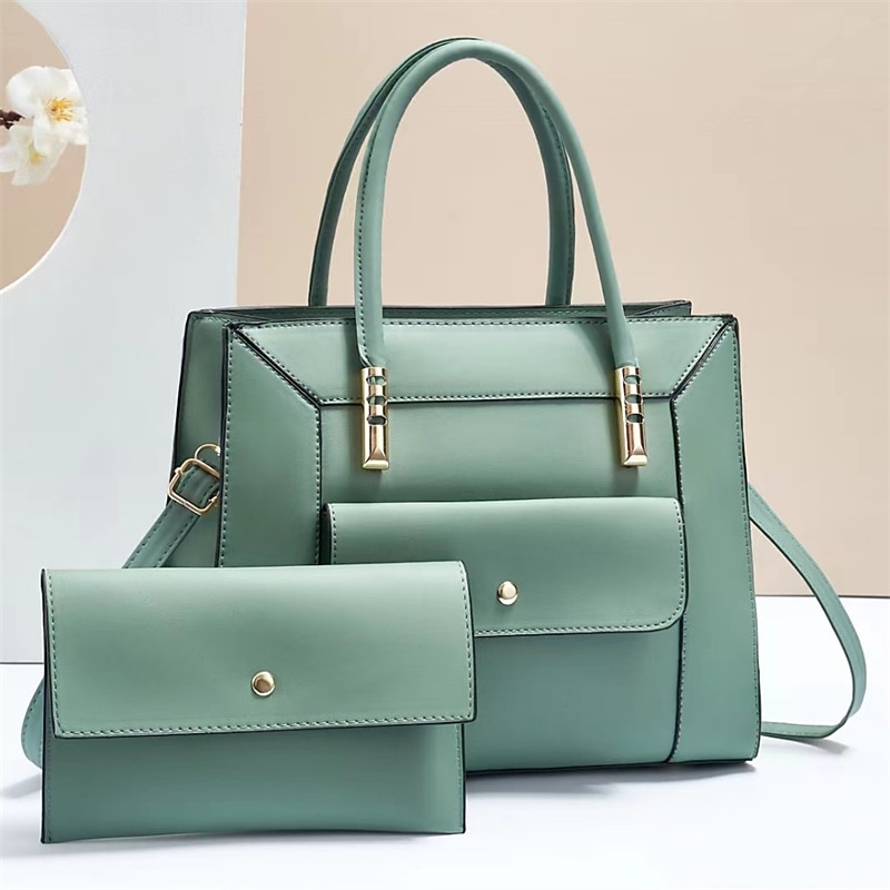 Women's Green Faux Leather Handbag and Wallet Set – Elegant Structured Tote with Gold Accents for Office, Shopping, and Casual Outings