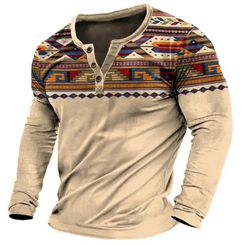 Men's Graphic Tribal Henley Shirt Long Sleeve 3D Print Fashion Designer Comfortable Outdoor Daily Spring &  Fall Blue Brown Green Gray Henley Henley T-Shirt