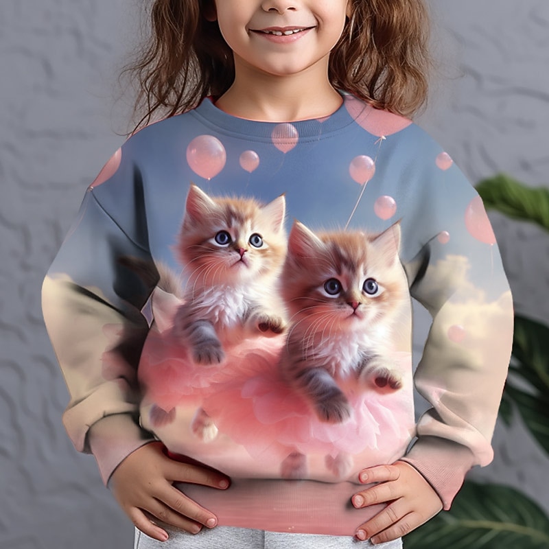 Girls' 3D Graphic Animal Cat Sweatshirt Long Sleeve 3D Print Summer Fall Fashion Streetwear Adorable Kids 3-12 Years Outdoor Casual Daily Regular Fit