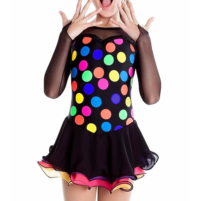 Figure Skating Dress Women's Girls' Ice Skating Dress Outfits Multi color Spandex High Elasticity Training Competition Skating Wear Handmade Patchwork Long Sleeve Ice Skating Figure Skating