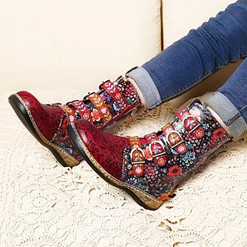 Women's Vintage Floral Embroidered Ankle Boots – Colorful Bohemian Faux Leather Boots with Buckle Straps & Side Zipper, Retro Casual Footwear for Fall & Winter4