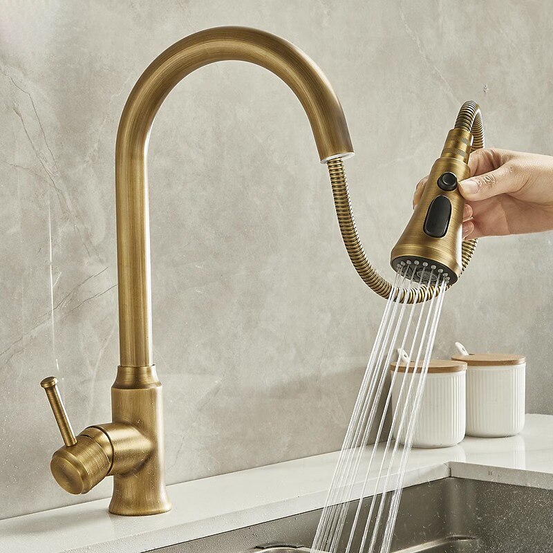 Traditional Kitchen Faucet Pull Out Sink Mixer Vessel Brass Taps, 360 Degree Single Handle Vintage Taps with Cold and Hot Hose2