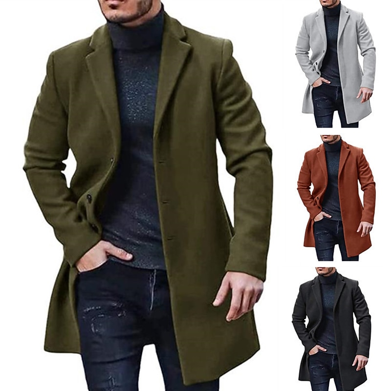 Men's Winter Coat Trench Coat Office & Career Daily Wear Winter Polyester Thermal Warm Washable Outerwear Clothing Apparel Fashion Warm Ups Solid Colored Pocket Lapel Single Breasted