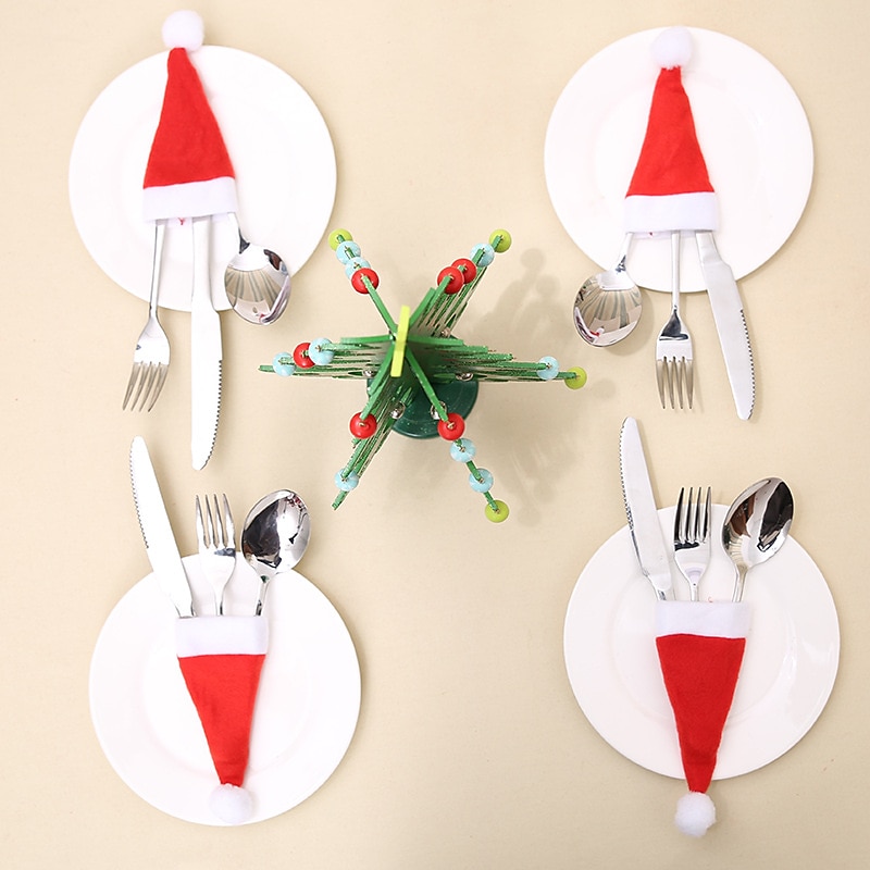 10PCS Christmas Decorations Christmas Hats Non-Woven Hats Christmas Hats Knife And Fork Sets Christmas Wine Bottle Decorations