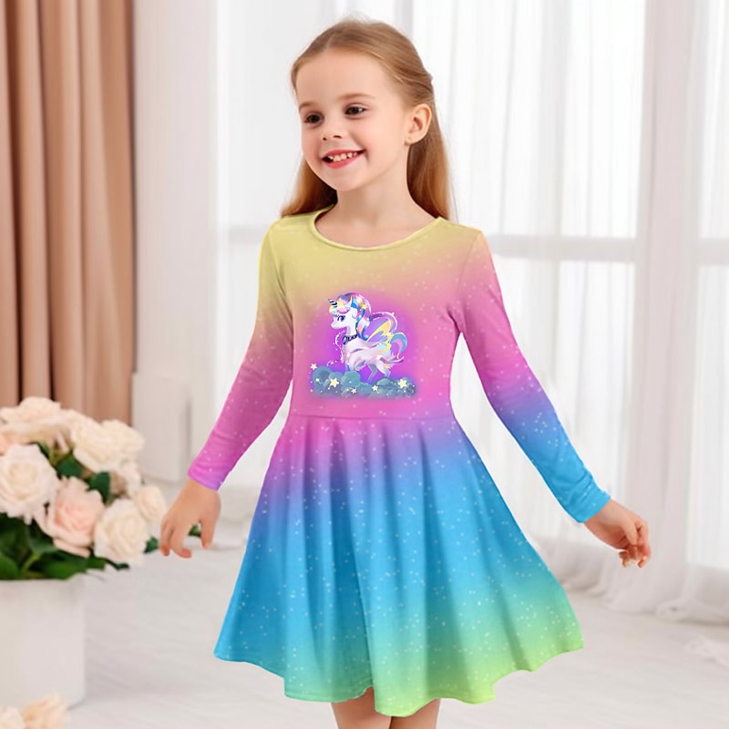Girls' 3D Graphic Unicorn Dress Long Sleeve 3D Print Summer Spring Fall Vacation Sports & Outdoor Daily Cute Casual Beautiful Kids 3-12 Years Casual Dress A Line Dress Above Knee Regular Fit2