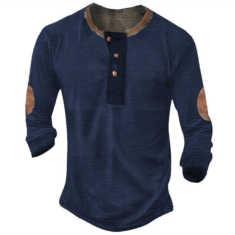Men's Waffle Tee Button T Shirt T Shirt Waffle Knit Tee Long Sleeve Crew Neck Summer Color Block Fashion Designer Basic Vacation Street Going out Navy Blue Green Khaki Top Tee for Men4