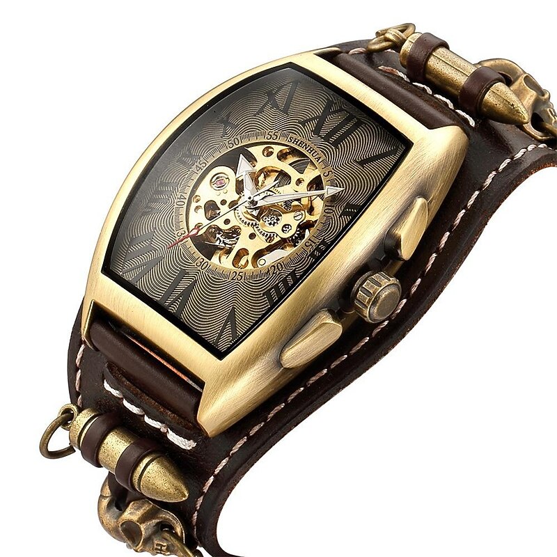 Cool Men Style Automatic Mechanical Analogue Watch Steam Punk Rock Gothic Leather Strap Black Brwon Watch Bullet Hollow-carved Design2