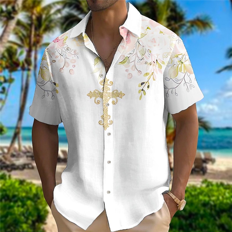 Men's Floral Shirt Button Up Shirt Short Sleeve Fashion Designer Casual Outdoor Casual Summer Spring Turndown Print White Yellow2