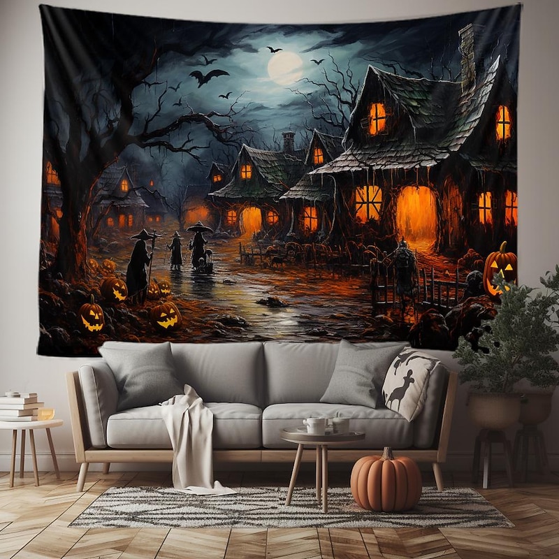 Halloween Pumpkin Hanging Tapestry Wall Art Large Tapestry Mural Decor Photograph Backdrop Blanket Curtain Home Bedroom Living Room Decoration Hunted House Bat Halloween Decorations