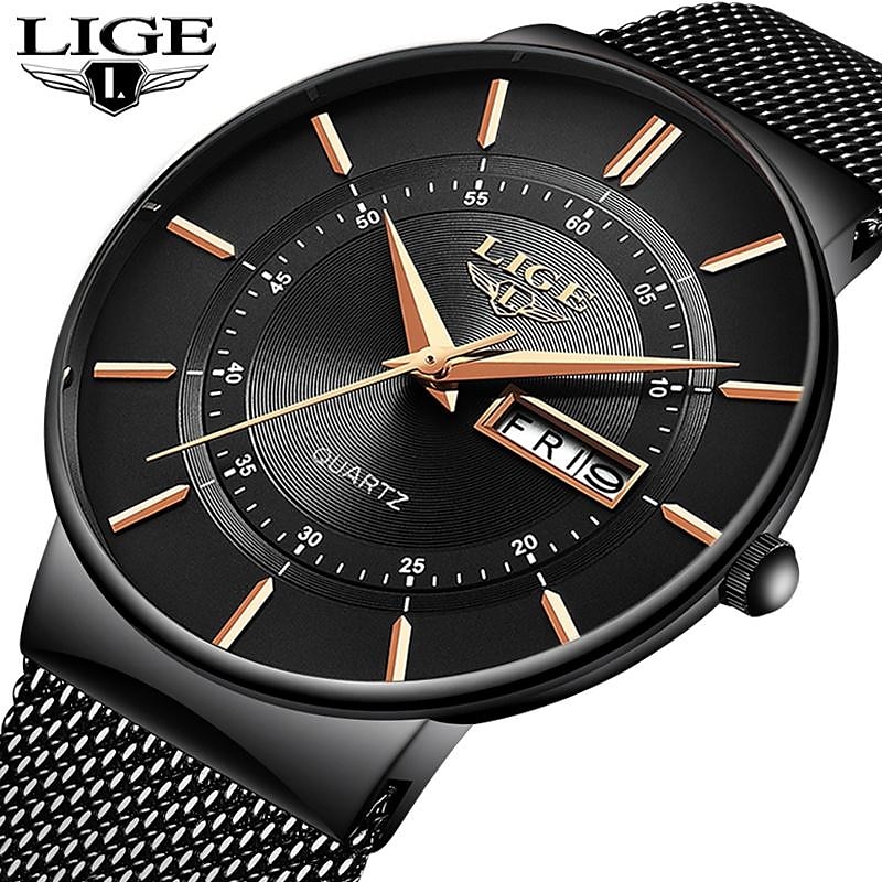 LIGE Men's Watches Top Brand Luxury Fashion Ultra Thin Date Clock Male Mesh belt casual Quartz Watch Men Sports Waterproof Wrist Watch