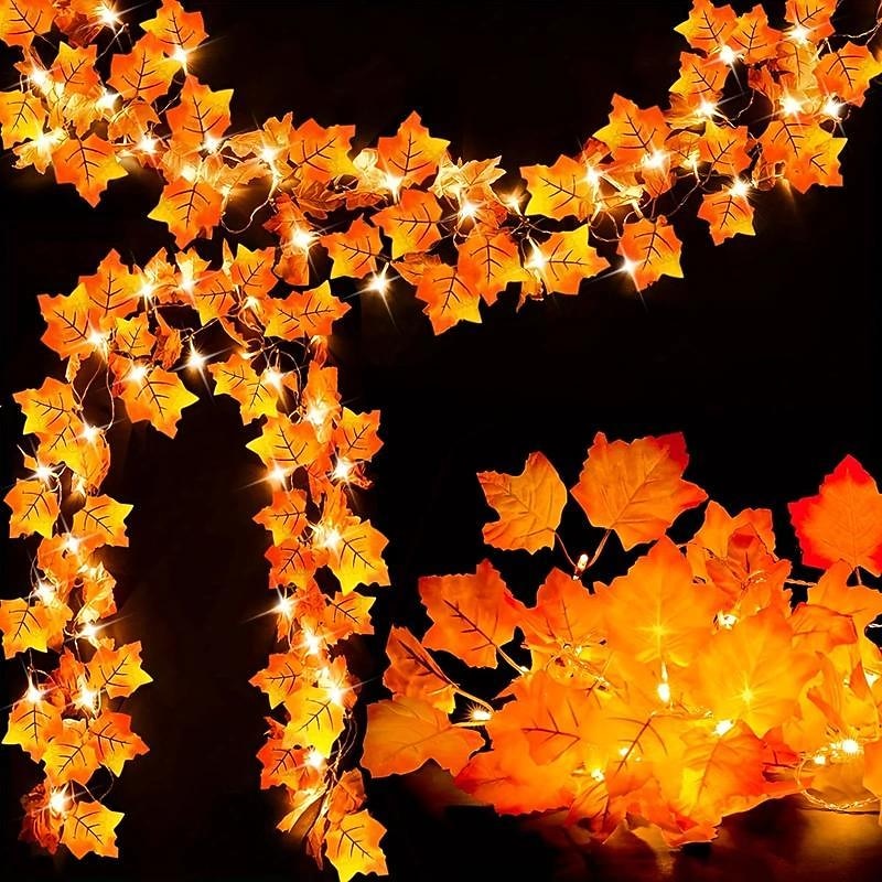 LED Double-Headed Maple Leaf String Lights Solar or Battery Powered Fairy Lights for Autumn Harvest Christmas Halloween Home Decor