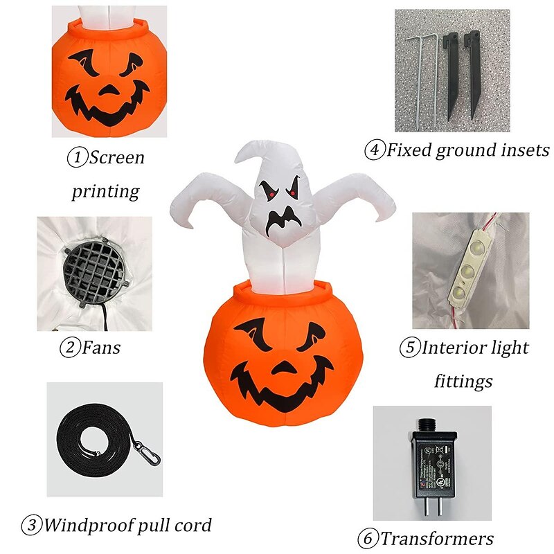 6 Ft Halloween Inflatable Ghost Pumpkin with LED Light, for Outdoor Indoor Garden Yard Lawn Blow Up Halloween Decorations, Holiday Party Decor2