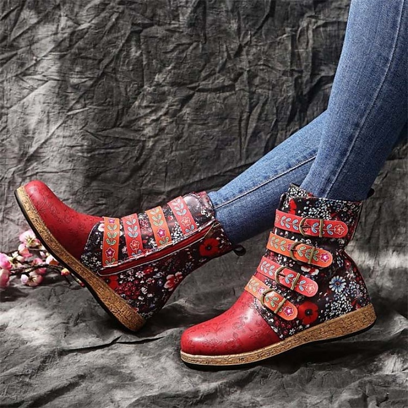 Women's Vintage Floral Embroidered Ankle Boots – Colorful Bohemian Faux Leather Boots with Buckle Straps & Side Zipper, Retro Casual Footwear for Fall & Winter2