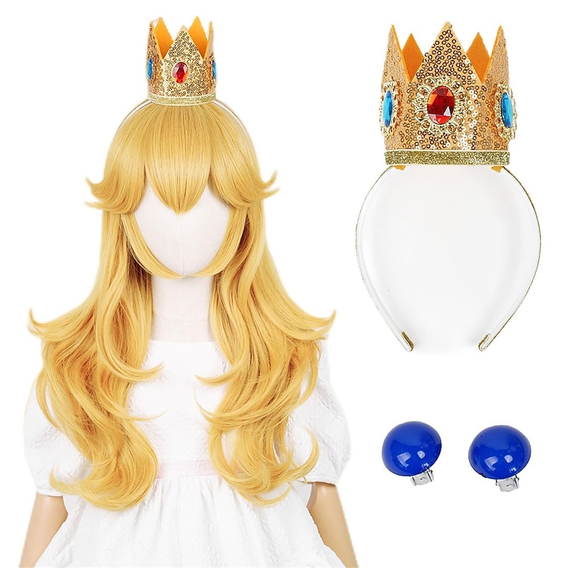 Golden Princess Wig with Earrings and Crown Blonde Long Wavy Peach Wig for Kids Cosplay Halloween Wigs