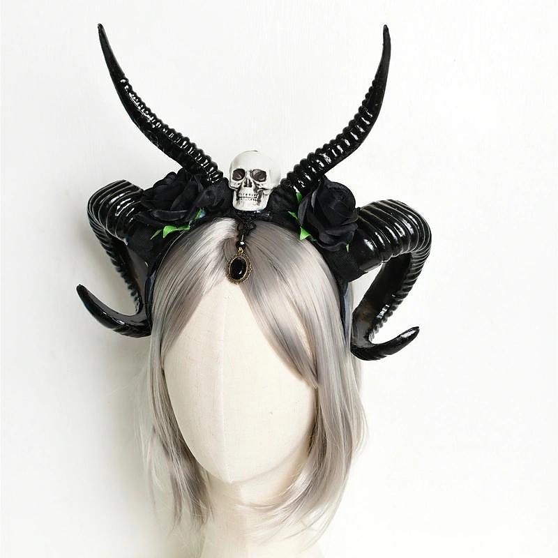 1pc Men's Halloween Simulation Horn Rose Headdress, Cosplay Accessories Devil Skull Headband Headwear