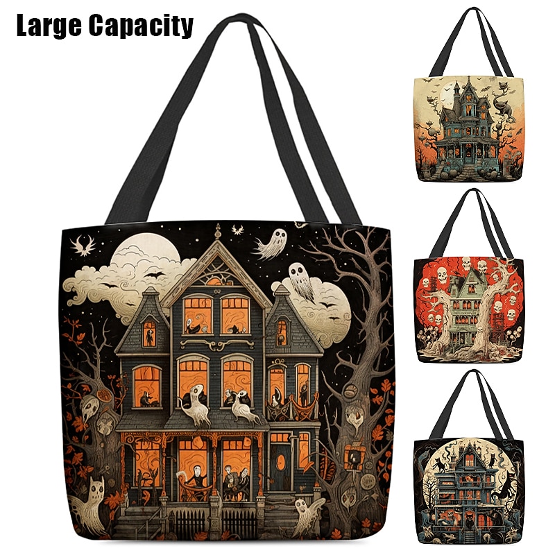 Women's Halloween Haunted House Tote Bag – Large Capacity Ghost Print Shoulder Bag for Trick-or-Treating, Parties, and Fall Outings