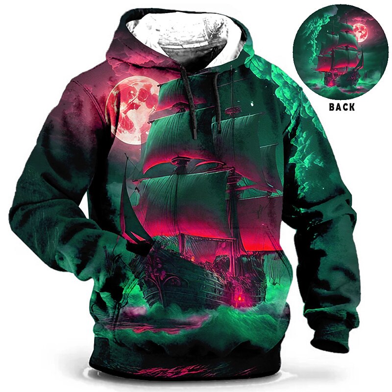 Men's Ship Graphic Prints Hoodie Hoodies Sweatshirt Daily Classic Long Sleeve Hooded Holiday Going out Streetwear Blue Brown Print Spring &  Fall Designer2