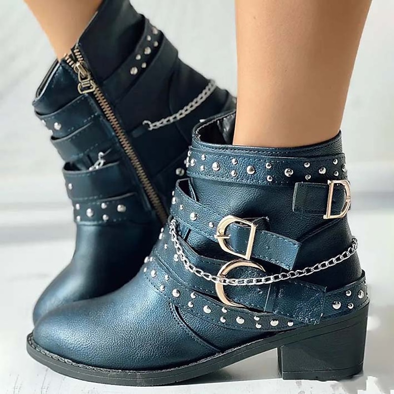 Women's Studded Biker Ankle Boots with Buckle Straps and Chain, Punk Rock Motorcycle Boots for Casual Streetwear and Concert Outfits