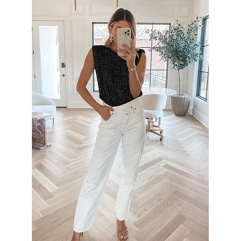 Women's Camisole Tank Top Plain Sparkly Fashion Sleeveless Round Neck Regular Tops Casual Sequins Silver Black Pink Fuchsia Gold Summer3