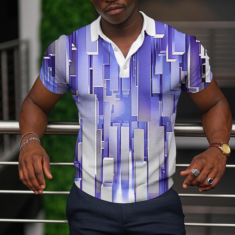 Men's Geometric Waffle Polo Shirts Golf Shirt Short Sleeve Polo Shirts Collared Shirts Casual Vacation Wear Formal Wear Festival Wear Buttons 3D Print Yellow Blue Light Purple3