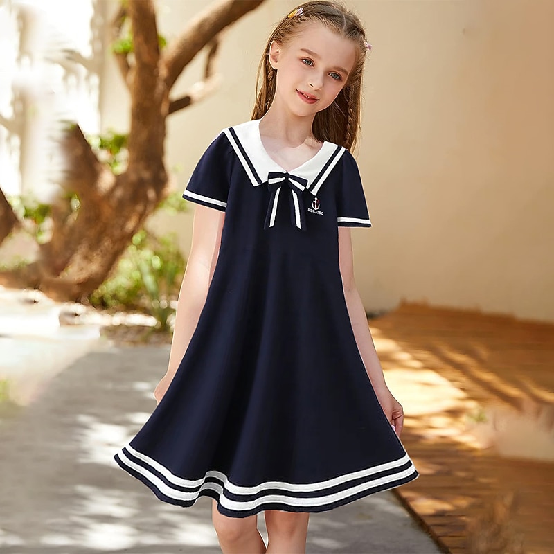 Kids Girls' Dress Stripe Letter Short Sleeve School Outdoor Casual Embroidered Fashion Daily Basic Cotton Knee-length Casual Dress A Line Dress Summer Dress Summer Spring 3-13 Years White Navy Blue