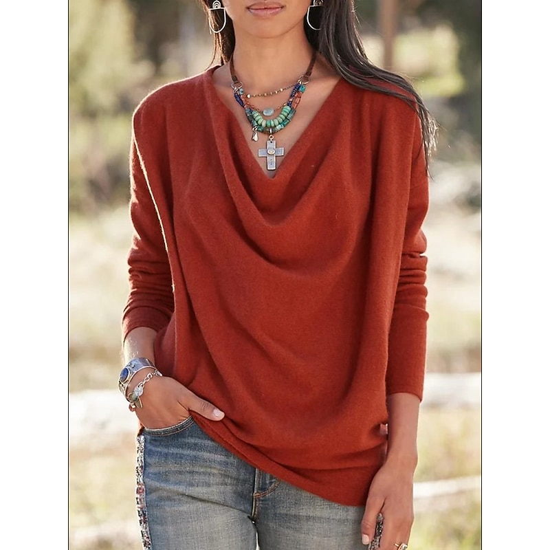 Women's Shirt Blouse Plain Elegant Fashion Daily Long Sleeve V Neck Regular Tops Valentine's Day Casual Pink Red Orange Green Khaki Fall & Winter