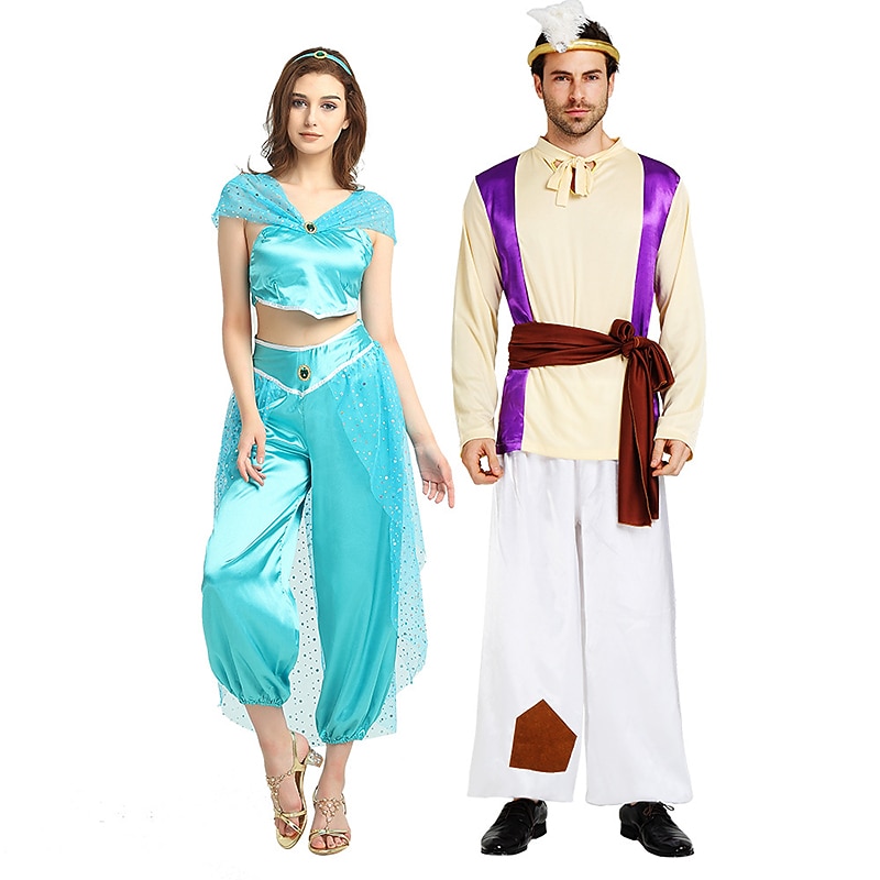 Couples Aladdin Princess Jasmine Halloween Group Couples Costumes Men's Women's Movie Cosplay Cosplay Blue Purple Top Pants Belt Halloween Carnival Masquerade