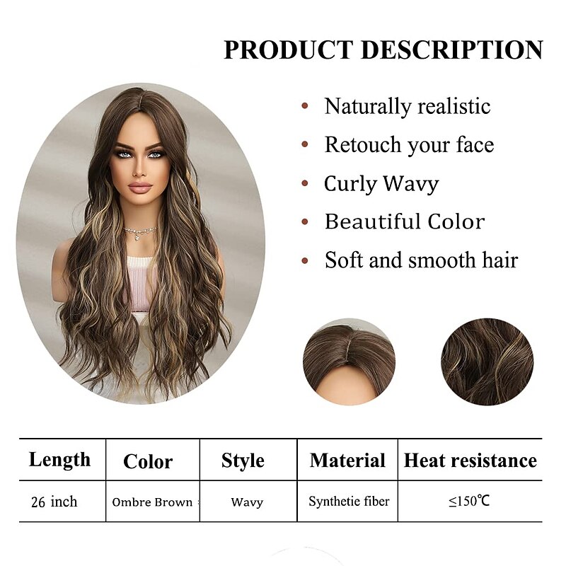 Brown Long Wave Wigs Wig for Women Body Wave Hair Wig With Blonde Highlight Wig for Women Daily Party Use Heat Resistant Halloween Cosplay Party Wigs3