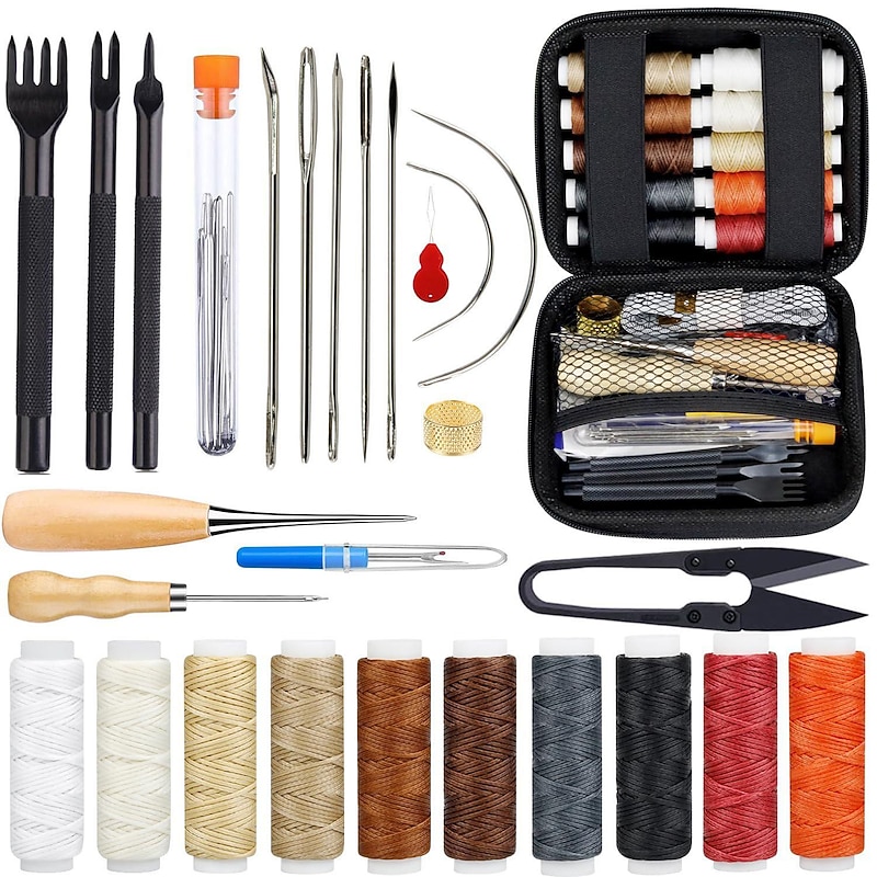 Leather Repair Sewing Kits, Leather Working Tools with Pro Waxed Thread, Large Eye Hand Sewing Needles, Versatile Awl, Heavy Duty Sewing Kit for Car, Upholstery, Vinyl, Canvas, Craft