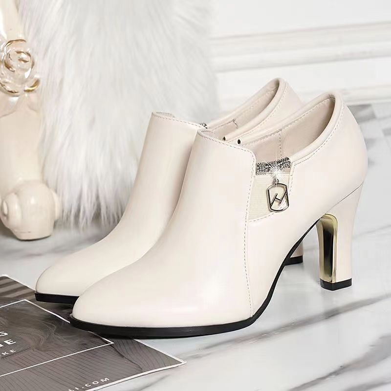 Women's White Ankle Booties – Pointed Toe High Heel Dress Boots with Zipper Detail for Elegant Office Wear, Parties & Fall Outfits