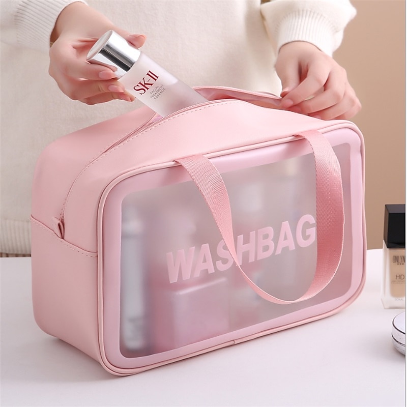 Pink Transparent Travel Wash Bag - Waterproof Makeup Organizer with Handle, Ideal for Toiletries and Cosmetic Storage