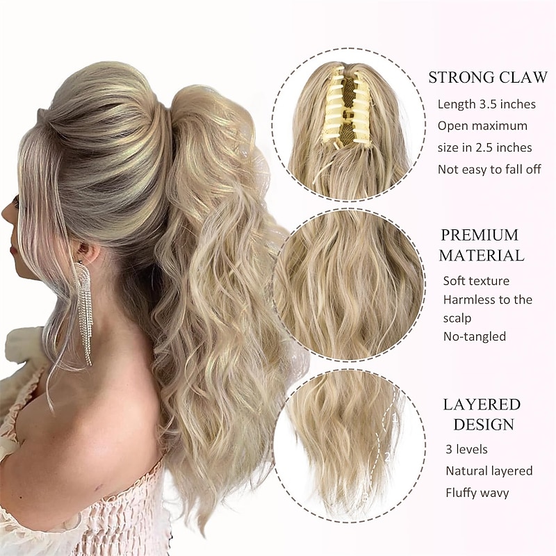 Ponytail Extension Claw Clip in Pony Tails Hair Extensions Fluffy Natural Synthetic Wavy Secret Ponytail Hairpiece 22 Inch Dirty Blonde mix Highlight Blonde for Women Daily Use party3