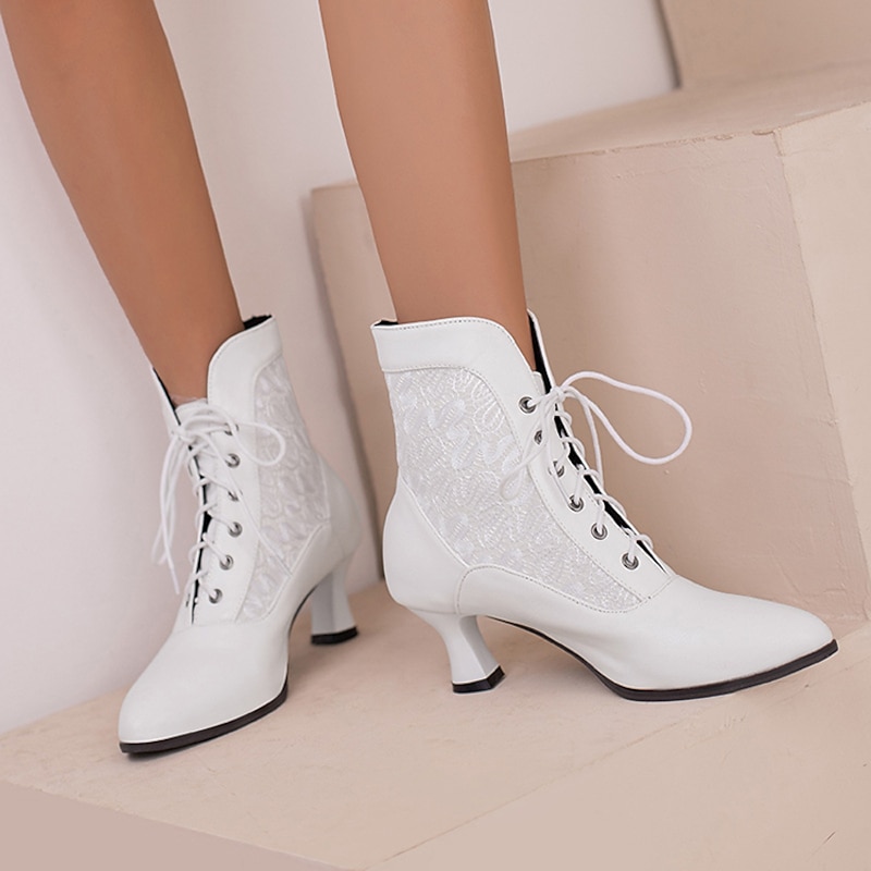 Women's White Lace-Up Ankle Boots with Embroidered Panels and Mid Heel - Elegant Victorian Style for Formal Occasions3